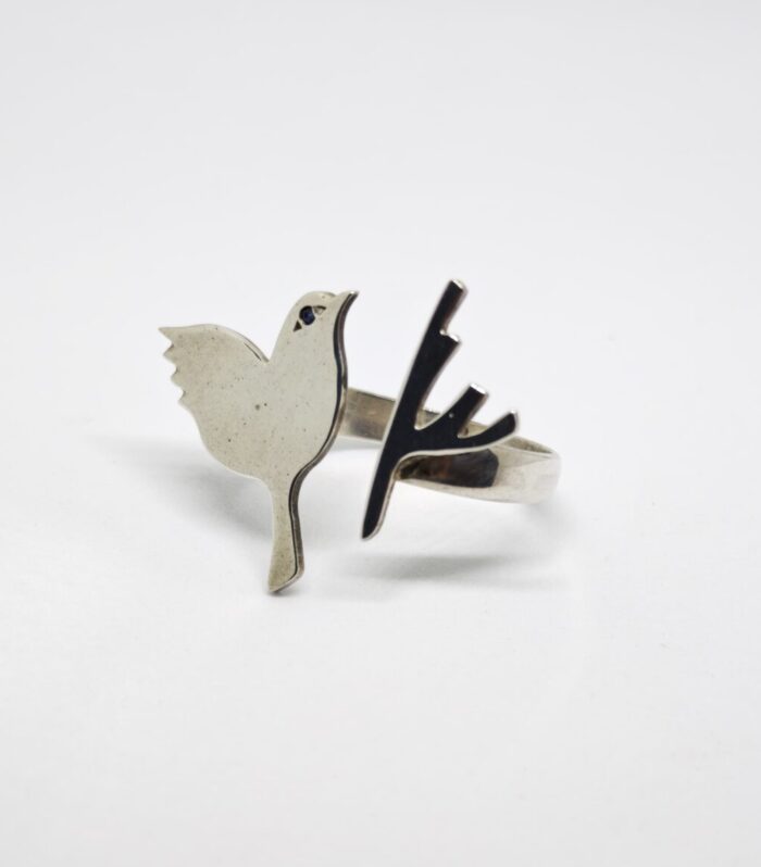 Anillo Ajustable de Pájaro en Plata de Ley 925 con Zafiro