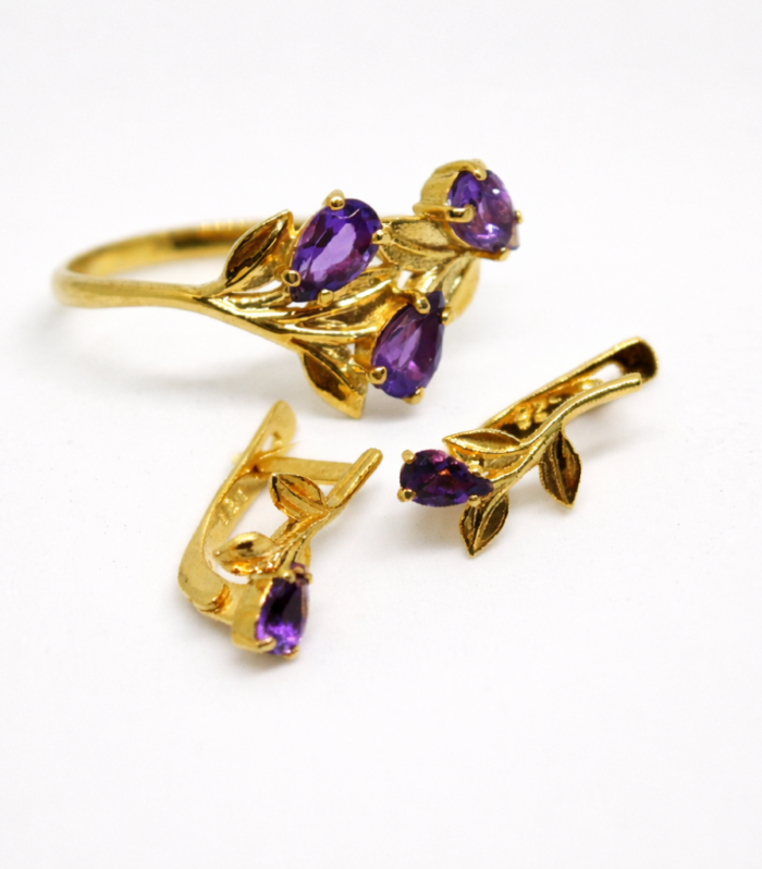 Conjunto Floral de Amatista Natural para Mujer – Plata de Ley 925 Bañada en Oro